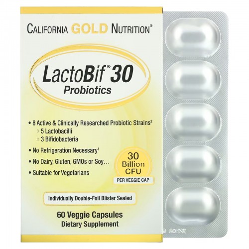 California Gold Nutrition, LactoBif, пробиотики, 30 млрд КОЕ, 60 вегетарианских капсул California Gold Nutrition, LactoBif, пробиотики, 30 млрд КОЕ, 60 вегетарианских капсул